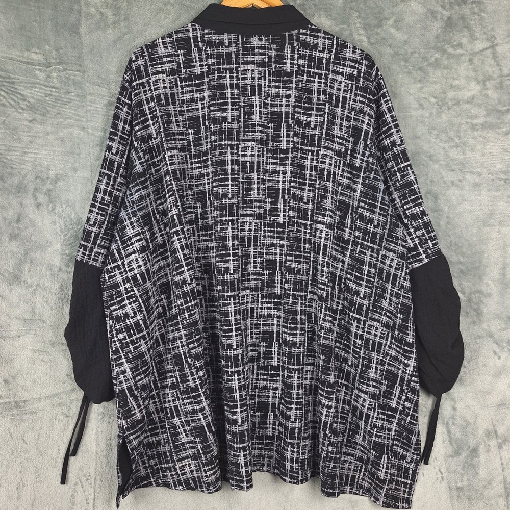 Ali Miles Top 3X Black Artsy Lagenlook Abstract Button Boho Crepe Ruched Sleeves - Picture 7 of 8